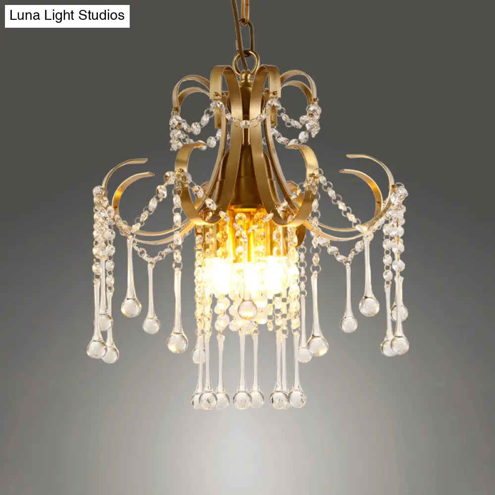 Gold Crystal Beads Chandelier With Curvy Arm Design - 3-Bulb Modern Ceiling Pendant Lamp For The