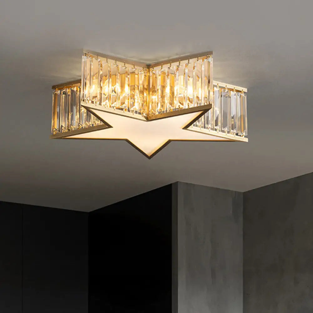 Gold Crystal Bedroom Flush Mount: Simple Rectangle Design With 5 Lights Clear