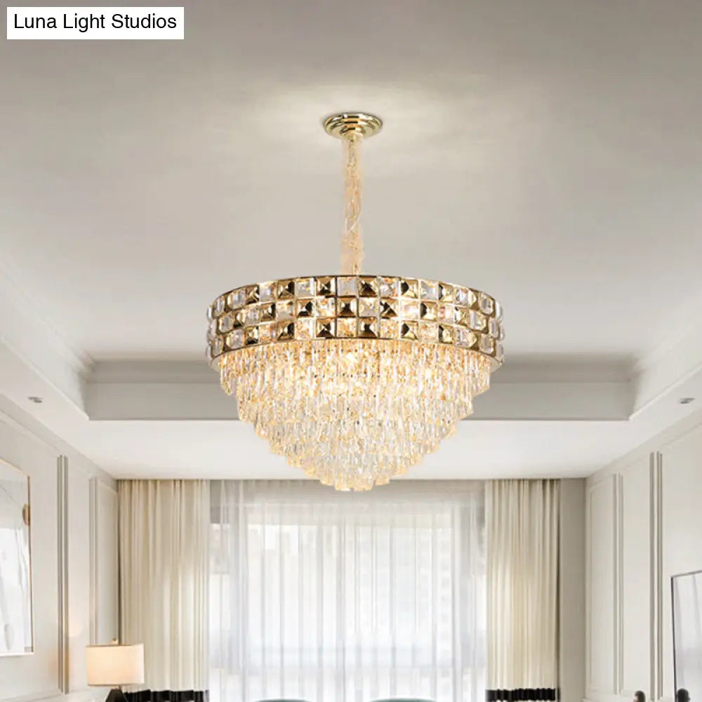 Gold Crystal Block Chandelier Light - Tapered Design With 19 Heads Postmodern Lighting Fixture