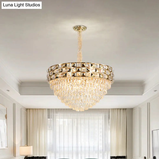 Gold Crystal Block Chandelier Light - Tapered Design With 19 Heads Postmodern Lighting Fixture