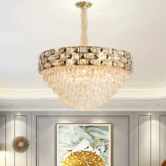 Gold Crystal Block Chandelier Light - Tapered Design With 19 Heads Postmodern Lighting Fixture