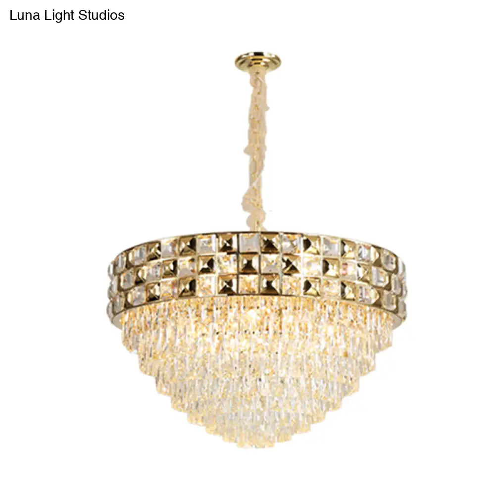 Gold Crystal Block Chandelier Light - Tapered Design With 19 Heads Postmodern Lighting Fixture