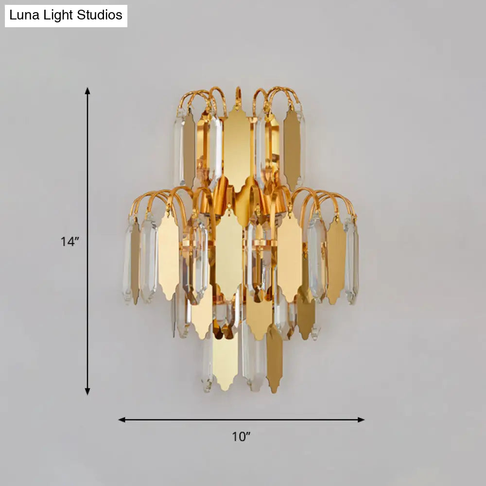 Gold Crystal Block Tiered Wall Sconce - Classic 2-Light Living Room Lighting Fixture