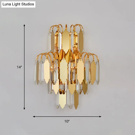 Gold Crystal Block Tiered Wall Sconce - Classic 2-Light Living Room Lighting Fixture