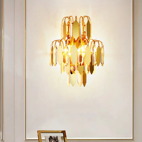 Gold Crystal Block Tiered Wall Sconce - Classic 2-Light Living Room Lighting Fixture