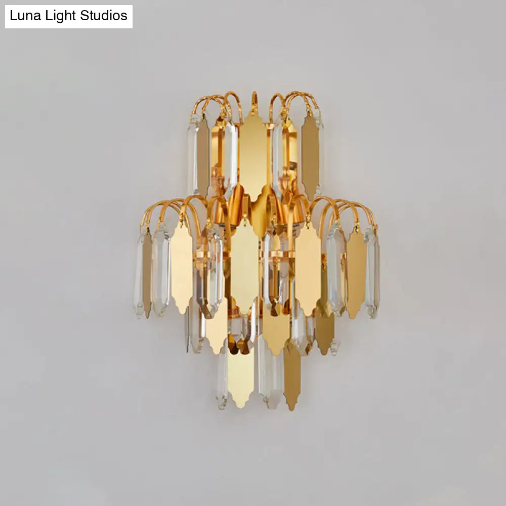 Gold Crystal Block Tiered Wall Sconce - Classic 2-Light Living Room Lighting Fixture