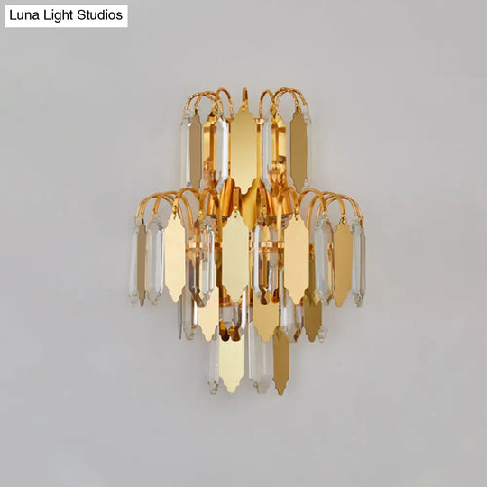 Gold Crystal Block Tiered Wall Sconce - Classic 2-Light Living Room Lighting Fixture