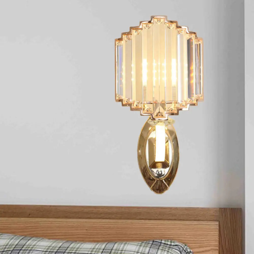 Gold Crystal Block Wall Light: Minimalist Shield With 1-Bulb For Bedroom