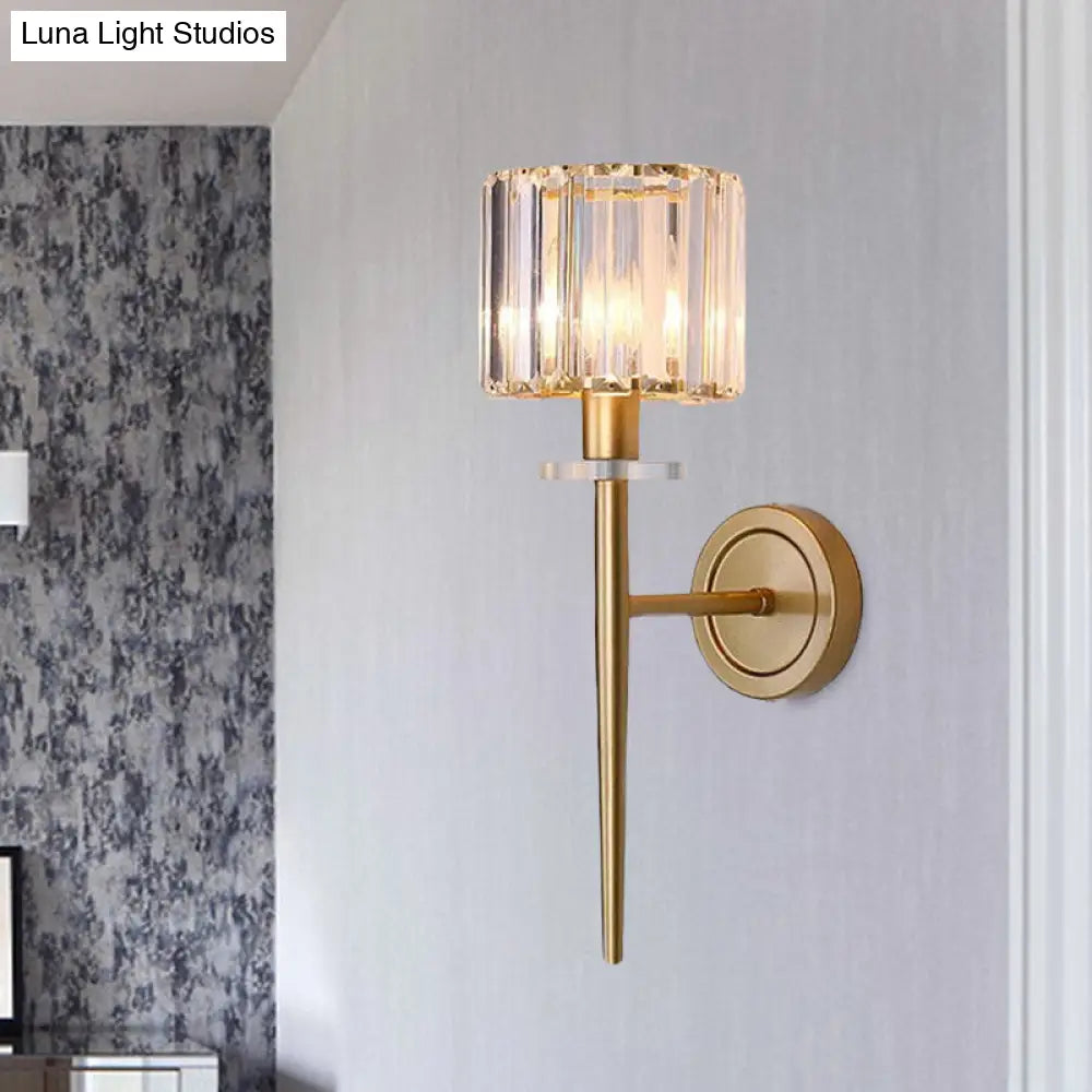 Gold Crystal Block Wall Sconce With Iron Pencil Arm - Cylindrical Design 1 Light Fixture