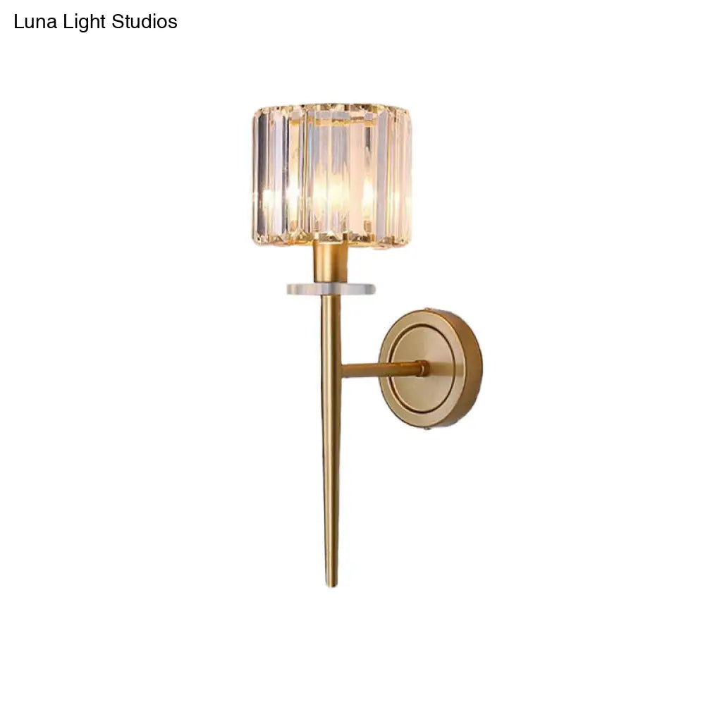 Gold Crystal Block Wall Sconce With Iron Pencil Arm - Cylindrical Design 1 Light Fixture