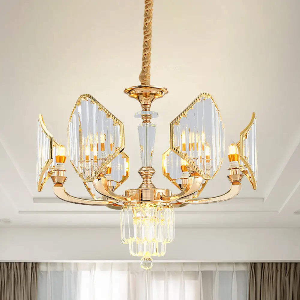 Gold Crystal Ceiling Chandelier - 6-Bulb Rhombus Paneled Pendant Light In Postmodern Style