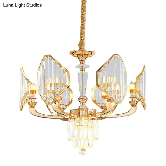 Gold Crystal Ceiling Chandelier - 6-Bulb Rhombus Paneled Pendant Light In Postmodern Style