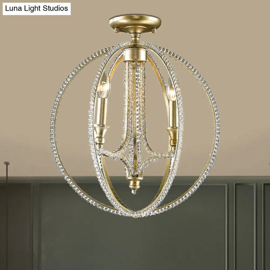 Gold Crystal Ceiling Light Fixture - Country Globe Cage Design With 3 Candle Lights