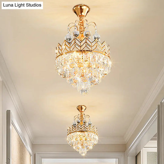 Gold Crystal Ceiling Mount Light - Conical Semi Flush With Crown Design 3 Bulbs