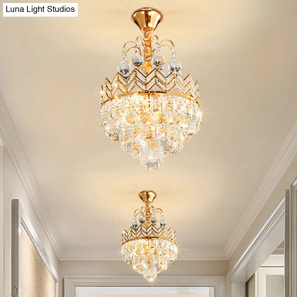 Gold Crystal Ceiling Mount Light - Conical Semi Flush With Crown Design 3 Bulbs