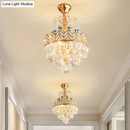 Gold Crystal Ceiling Mount Light - Conical Semi Flush With Crown Design 3 Bulbs