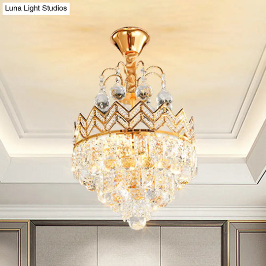 Gold Crystal Ceiling Mount Light - Conical Semi Flush With Crown Design 3 Bulbs