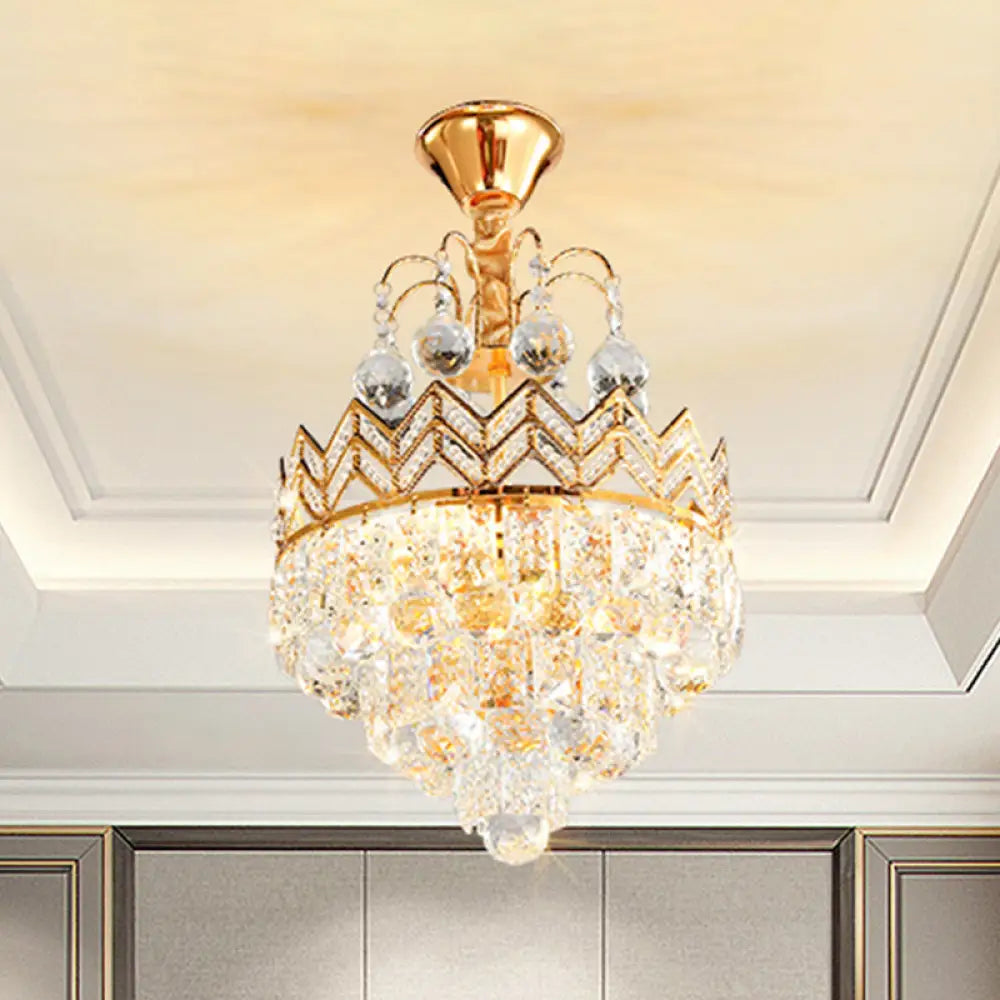 Gold Crystal Ceiling Mount Light - Conical Semi Flush With Crown Design 3 Bulbs