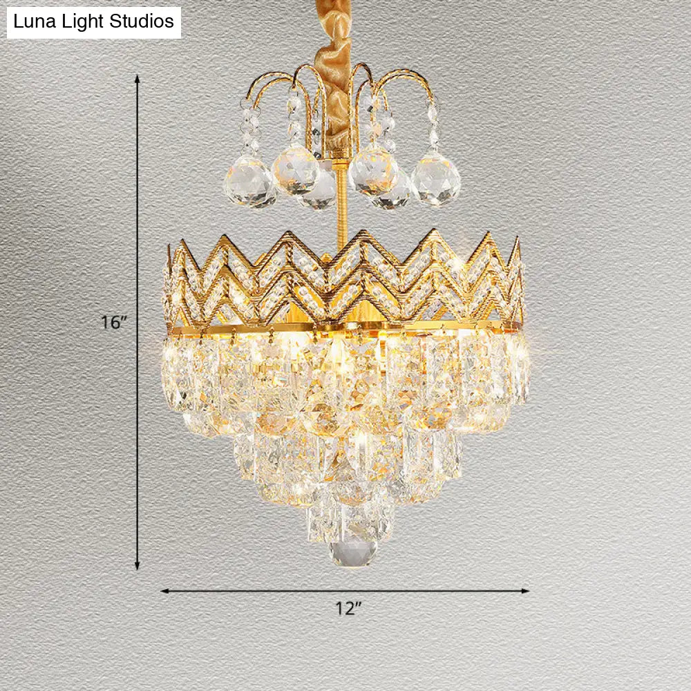 Gold Crystal Ceiling Mount Light - Conical Semi Flush With Crown Design 3 Bulbs