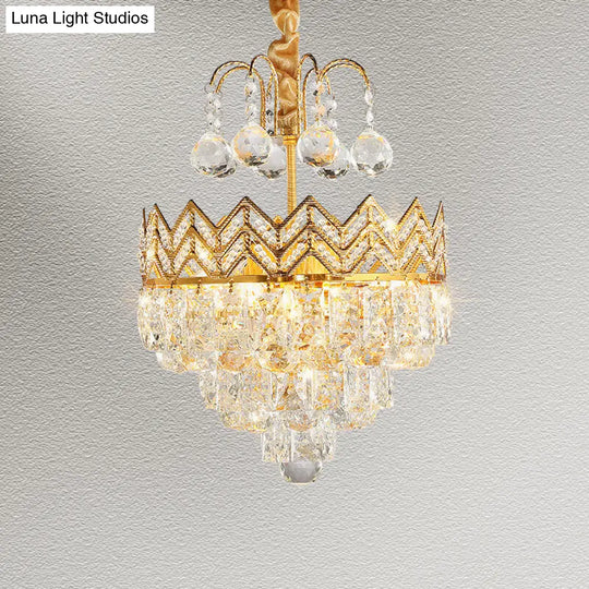 Gold Crystal Ceiling Mount Light - Conical Semi Flush With Crown Design 3 Bulbs