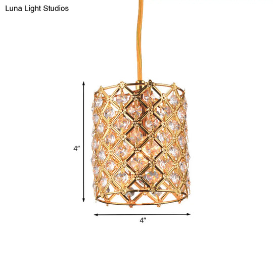 Gold Crystal Ceiling Pendant Light - Hand-Crafted Cylindrical Fixture With Straight Arm 1 Bulb