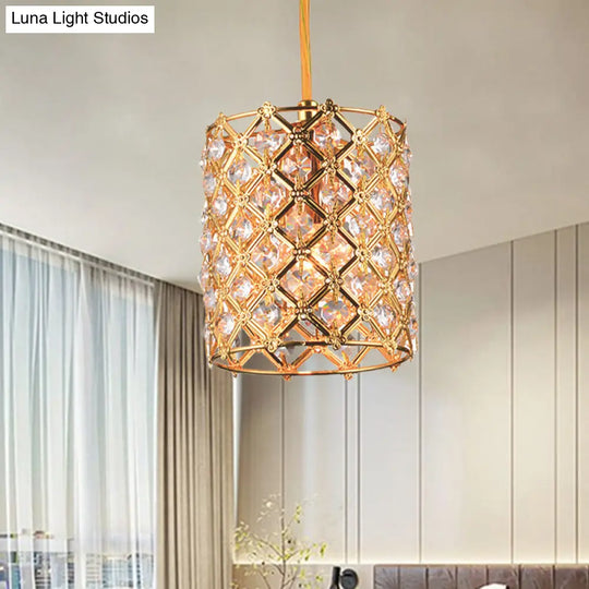 Gold Crystal Ceiling Pendant Light - Hand-Crafted Cylindrical Fixture With Straight Arm 1 Bulb