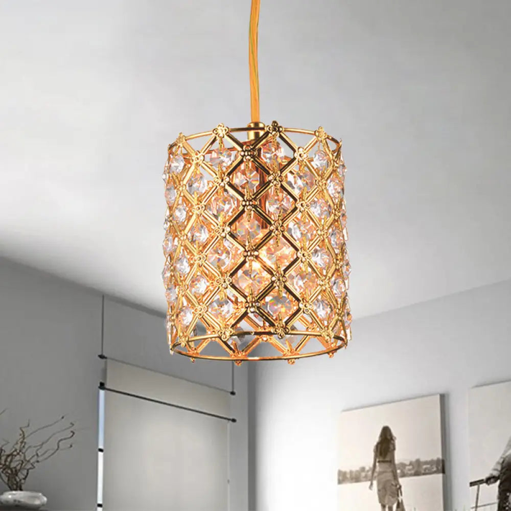 Gold Crystal Ceiling Pendant Light - Hand-Crafted Cylindrical Fixture With Straight Arm 1 Bulb
