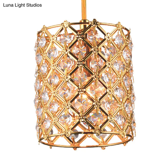 Gold Crystal Ceiling Pendant Light With Hand-Cut Cylindrical Glass And Straight Arm