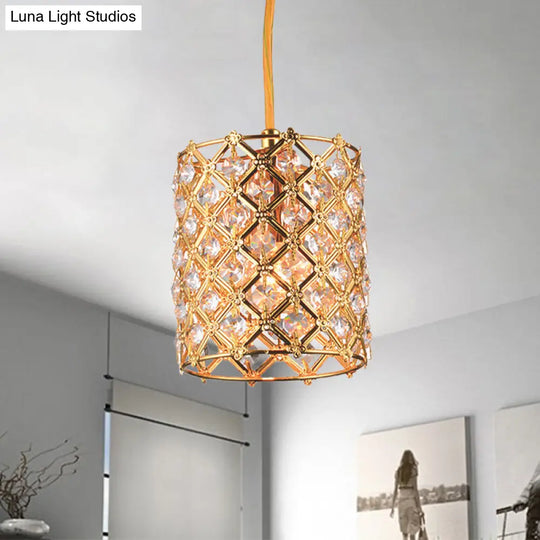 Gold Crystal Ceiling Pendant Light With Hand-Cut Cylindrical Glass And Straight Arm