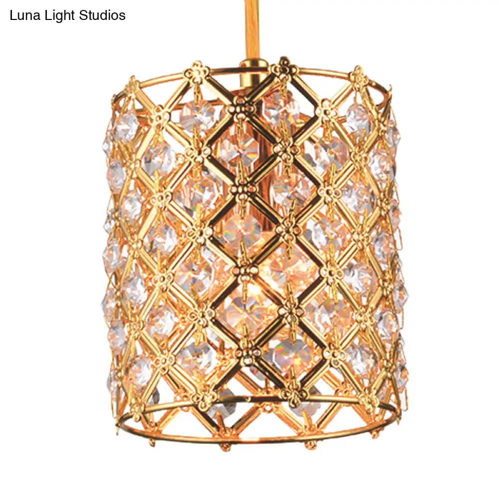 Gold Crystal Ceiling Pendant Light - Hand-Crafted Cylindrical Fixture With Straight Arm 1 Bulb