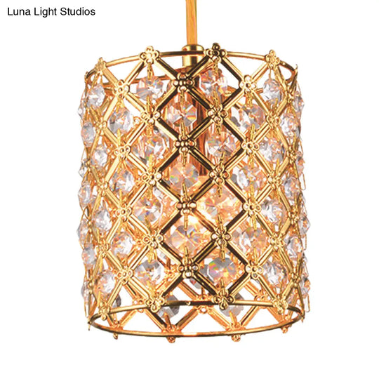 Gold Crystal Ceiling Pendant Light - Hand-Crafted Cylindrical Fixture With Straight Arm 1 Bulb