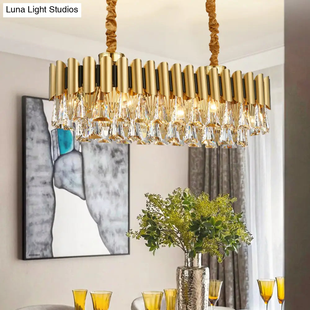 Gold Crystal Chandelier - Elegant Oval Dining Room Lighting With 12 Heads