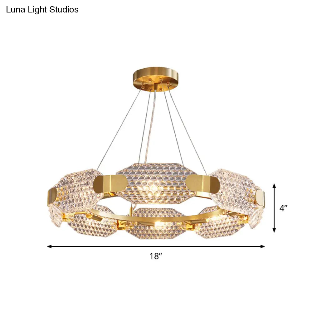 Gold Crystal Chandelier - Simple Style 6 Lights Bedroom Hanging Lamp Kit With Octangular Panel