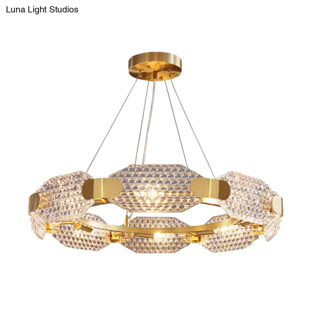 Gold Crystal Chandelier - Simple Style 6 Lights Bedroom Hanging Lamp Kit With Octangular Panel