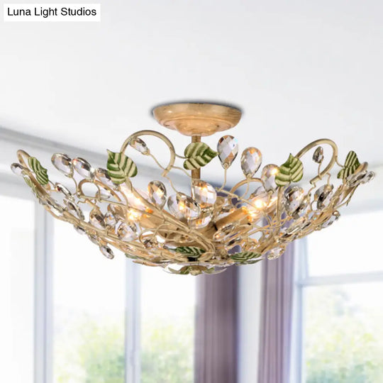 Gold Crystal Dome Leaf Ceiling Lamp - Semi Flush Mount With 6 Lights For Living Room