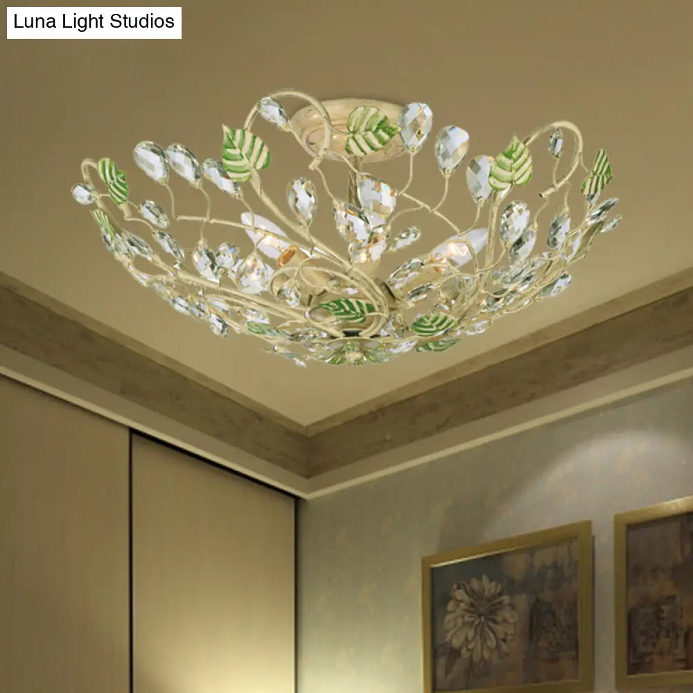 Gold Crystal Dome Leaf Ceiling Lamp - Semi Flush Mount With 6 Lights For Living Room