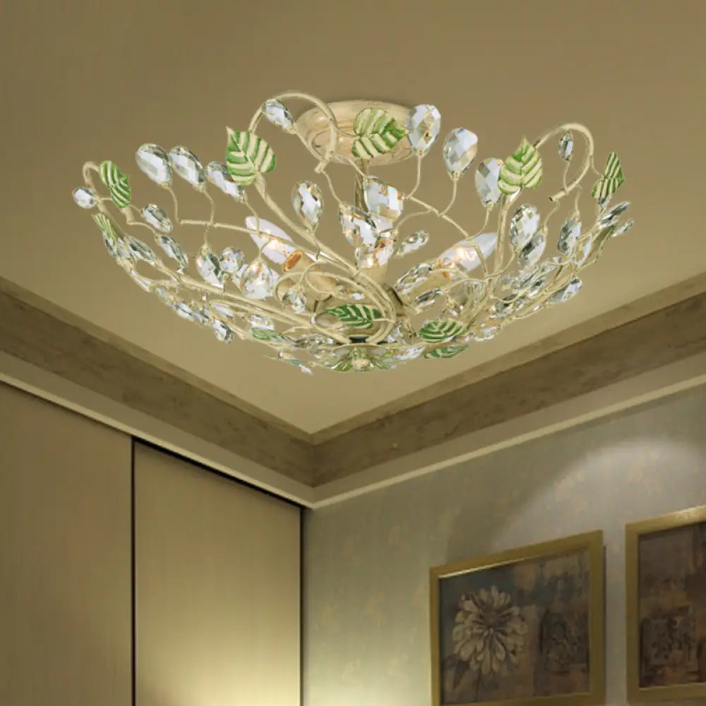 Gold Crystal Dome Leaf Ceiling Lamp - Semi Flush Mount With 6 Lights For Living Room