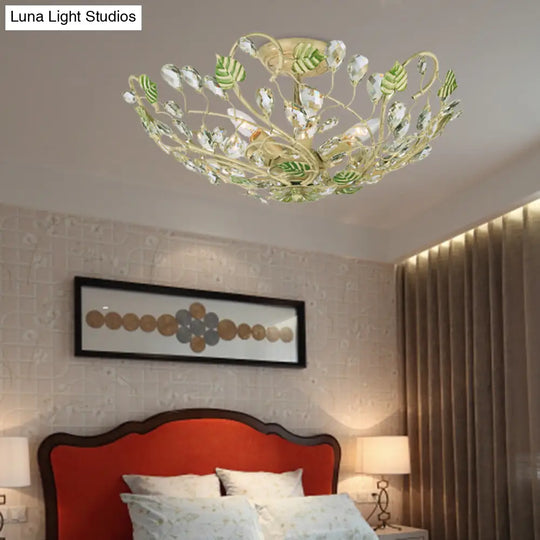 Gold Crystal Dome Leaf Ceiling Lamp - Semi Flush Mount With 6 Lights For Living Room