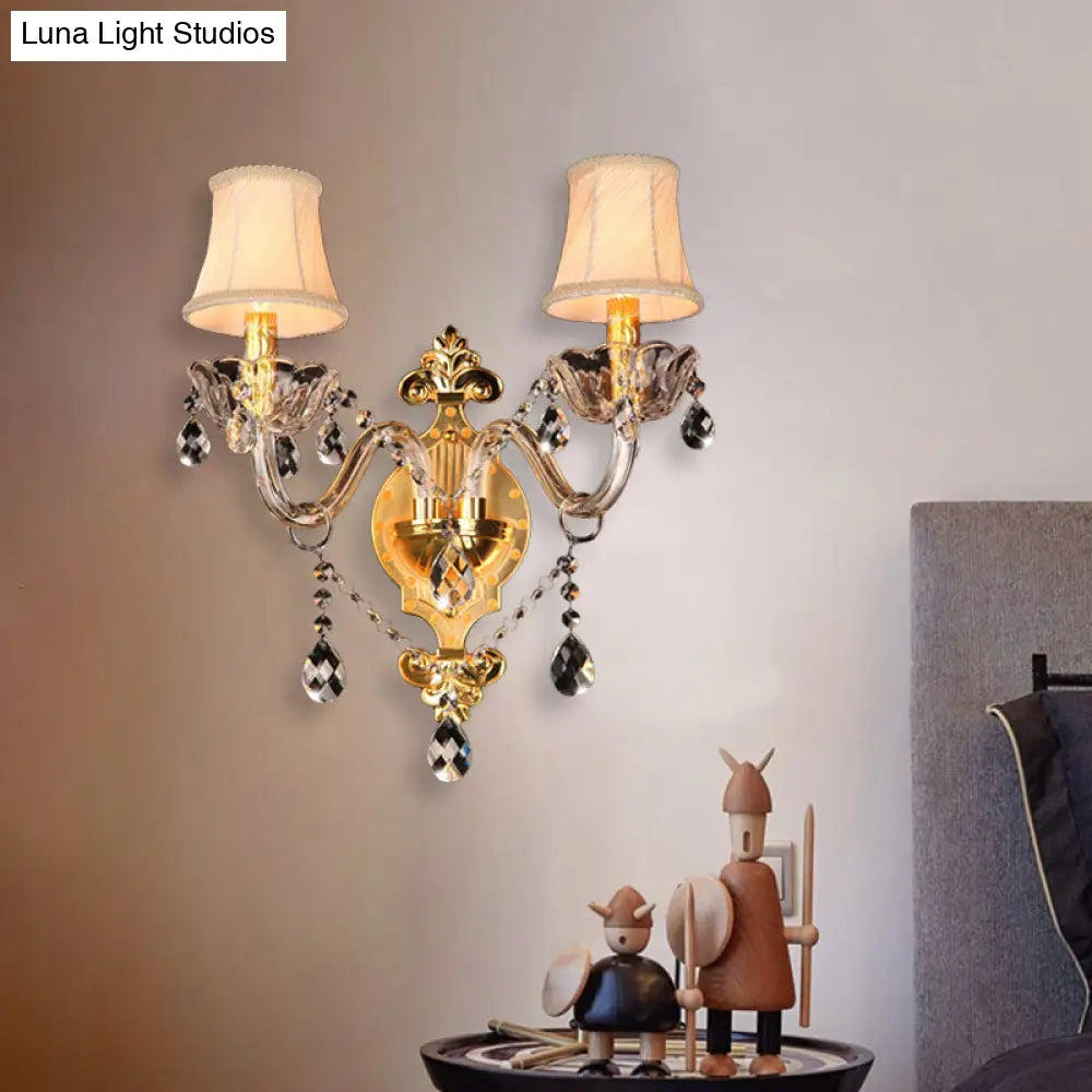 Gold Crystal Drip Wall Sconce With Bell Shade - Bedroom Mounted Light Elegant 2-Bulb Lighting