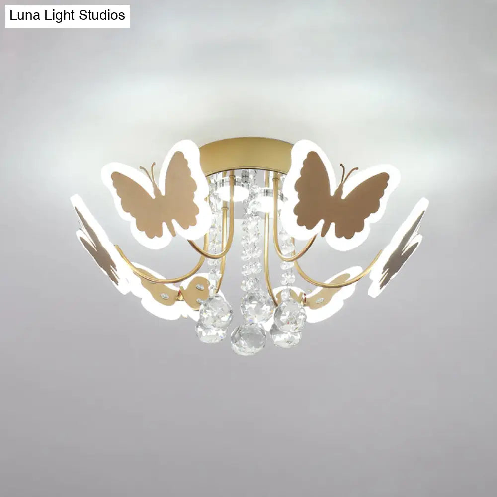 Gold Crystal Drop Butterfly Metal Semi Flush Modernist Led Bedroom Lamp