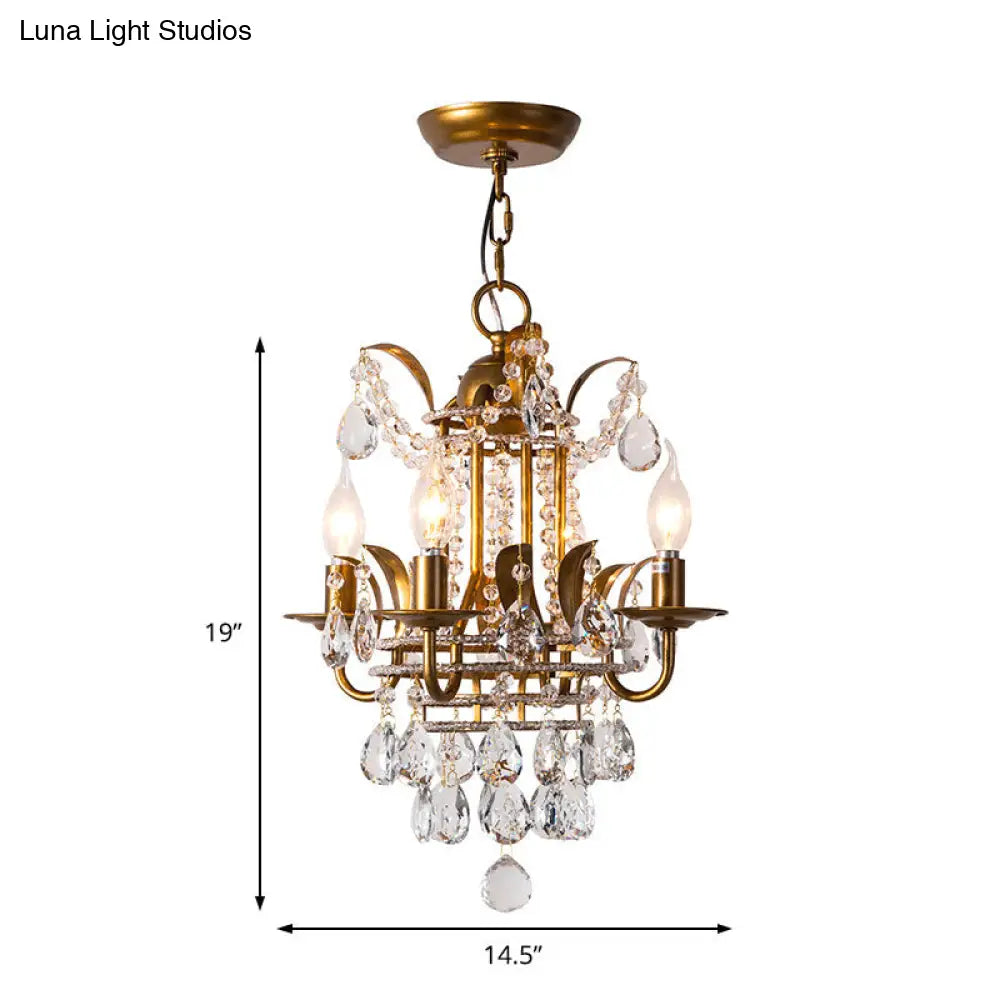 Modern Gold Chandelier With Crystal Drops - 4-Light Corridor/Hanging Lamp