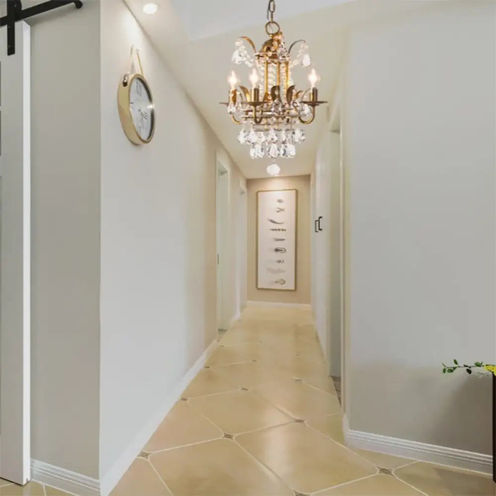 Gold Crystal Drop Chandelier - Modern Corridor Lighting With 4 Lights