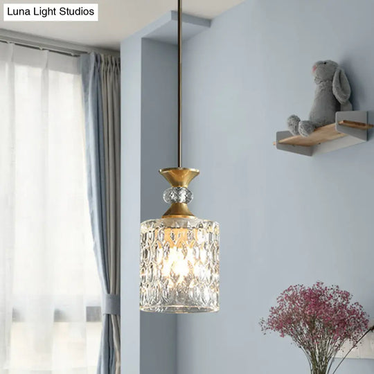 Gold Crystal Drop Lamp Postmodern Pendant For Restaurant Down Lighting - K9 1-Bulb Column Design