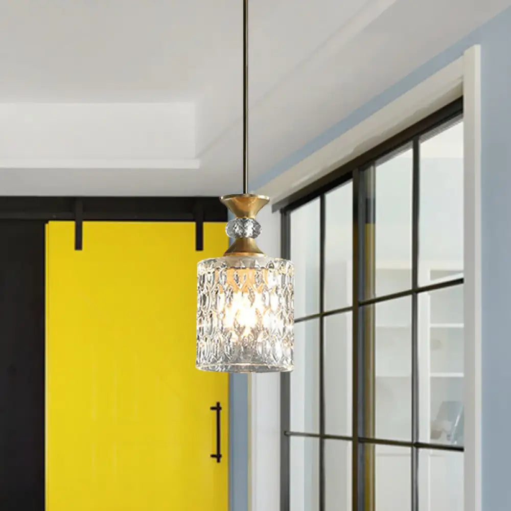 Gold Crystal Drop Lamp Postmodern Pendant For Restaurant Down Lighting - K9 1-Bulb Column Design