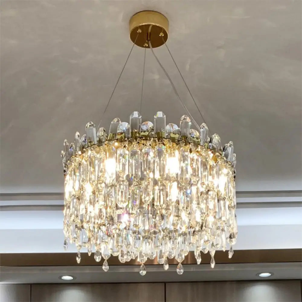 Gold Crystal Drop Pendant Chandelier Lamp - Simple Style 8-Bulbs Ideal For Bedroom