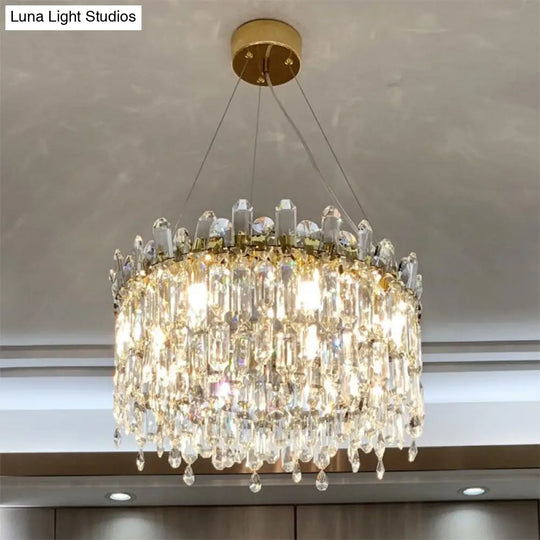 Gold Crystal Drop Pendant Chandelier Lamp With Faceted Accents - 8 Bulbs Simple Bedroom Style