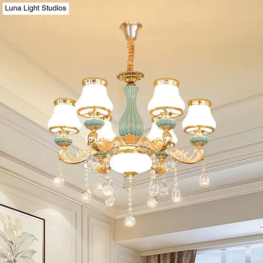 Gold Crystal Drop Pendant Chandelier With Milky Glass Pear Shade