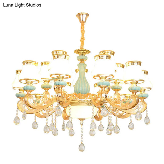 Gold Crystal Drop Pendant Chandelier With Milky Glass Pear Shade