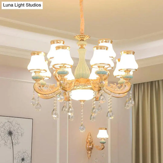 Gold Crystal Drop Pendant Chandelier With Milky Glass Pear Shade