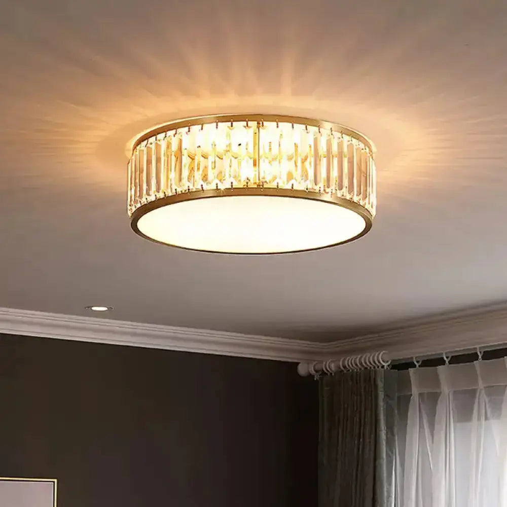 Gold Crystal Drum Flush Mount Lamp: Simplicity 3/4/5 Bulbs Bedroom Ceiling Light Width Options /